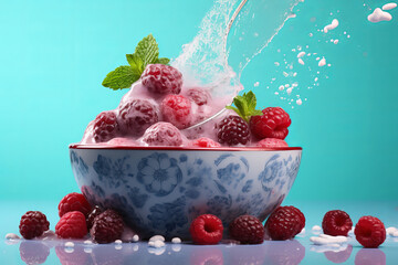 Frozen Berries Falling into a Chia Pudding Frozen mixed berries falling into a bowl of chia pudding, creating a refreshing and healthy breakfast scene. Isolated on a cool mint background Generative AI