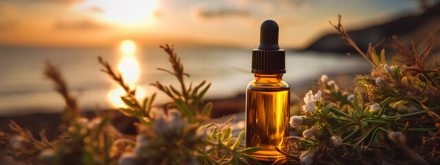 essential oils the background of the sea.Bottle of serum on the rocks on the background of the sea