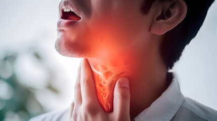 Flame at neck of a man. Concept of sore throat, pharyngitis, laryngitis, thyroiditis, choking