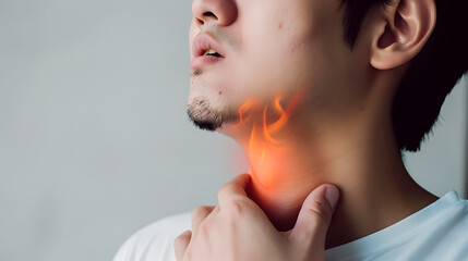 Flame at neck of a man. Concept of sore throat, pharyngitis, laryngitis, thyroiditis, choking - obrazy, fototapety, plakaty