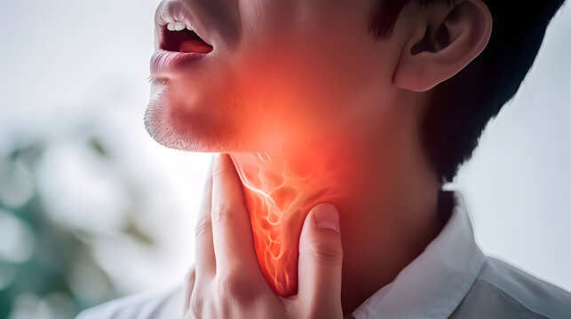 Flame at neck of a man. Concept of sore throat, pharyngitis, laryngitis, thyroiditis, choking