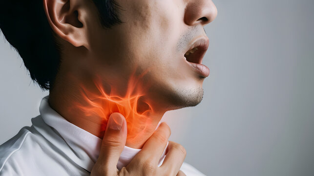 Flame at neck of a man. Concept of sore throat, pharyngitis, laryngitis, thyroiditis, choking