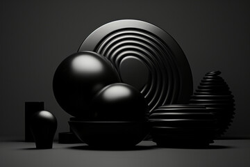 Still life of stacked aesthetic objects 3d black realistic abstract background