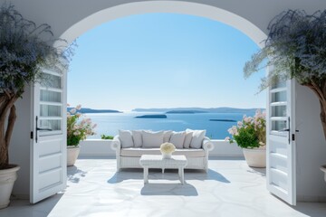 Greek Seaview from a hotel resort terrace - obrazy, fototapety, plakaty