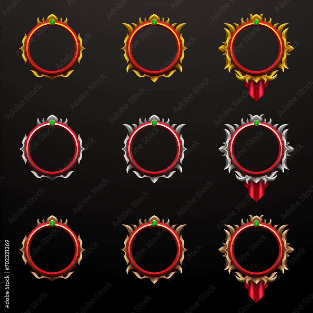 Poster fantasy game avatar red border frame with gold, silver and bronze elements for game ui designs