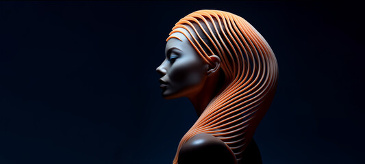 Abstraktes sinnliches Portrait einer Frau mit beleuchteten orangen 3D-Wellen-Formen als Frisur. Profil. Dunkelblauer Hintergrund. Illustration - obrazy, fototapety, plakaty