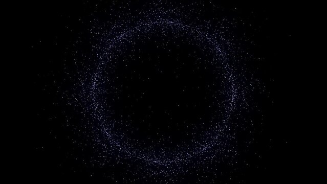 Glowing ring of blue particles on dark background. Abstract round object animation use vertically and horizontally. 