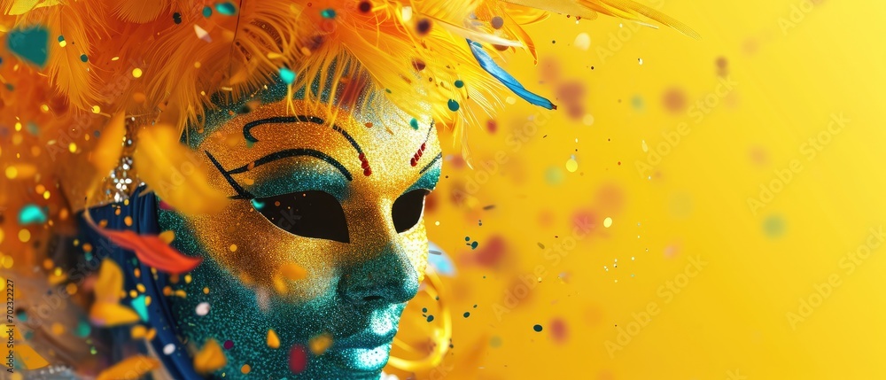 Poster a close up of a person's face with confetti all over it and a yellow background with confetti all ar
