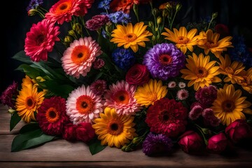 A breathtaking floral arrangement unfolds, showcasing a beautiful, vivid, and colorful mixed flower bouquet still life 