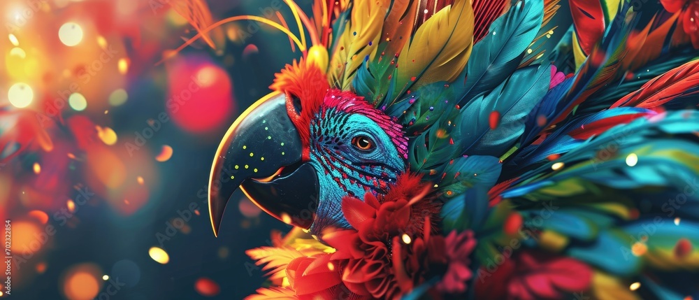 Aufkleber a close up of a colorful bird with feathers on it's head and feathers all around it's body.