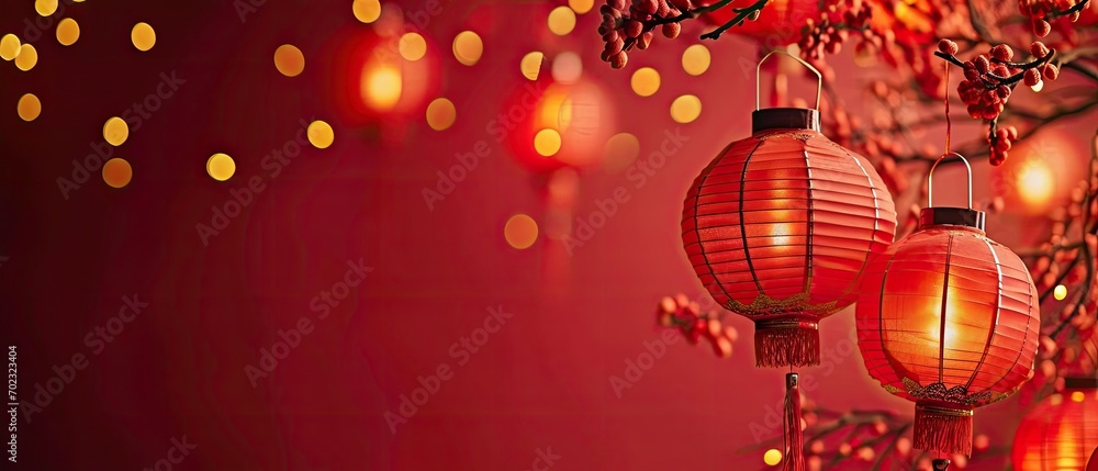 Poster a group of red lanterns hanging from a tree in front of a red wall with gold dots on the branches.