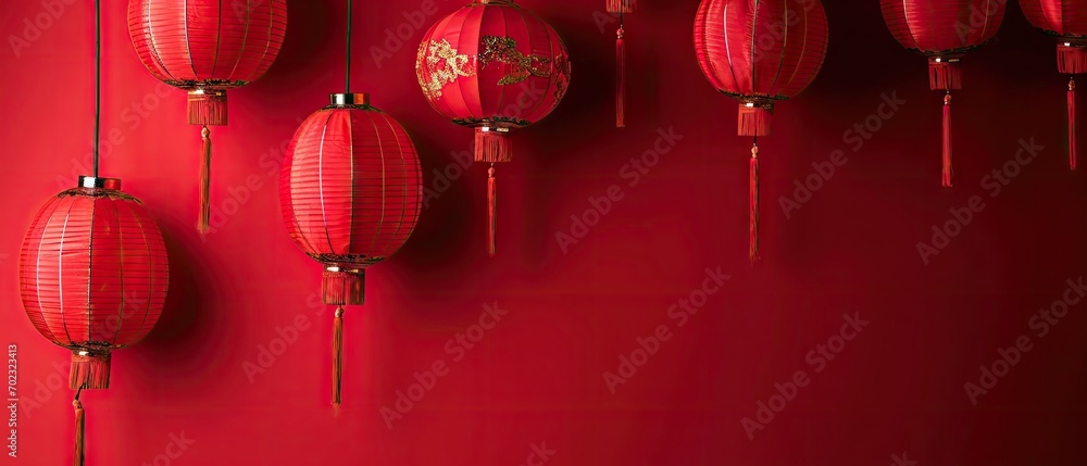 Poster a group of red lanterns hanging on a red wall next to a wall with a clock on the side of it.