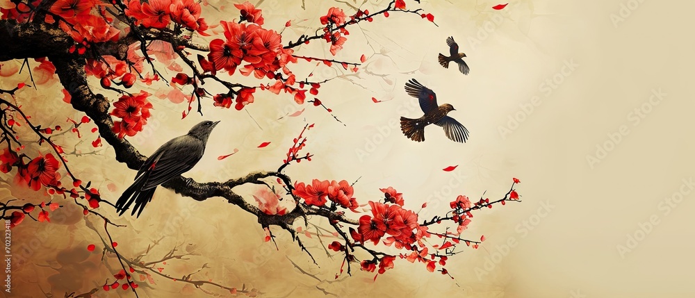 Poster a painting of two birds sitting on a branch of a tree with red flowers in front of a beige backgroun