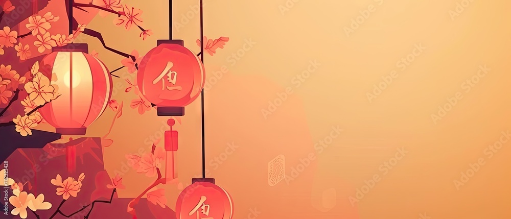 Poster a group of lanterns hanging from a tree with flowers on it and a number on the front of the lantern.