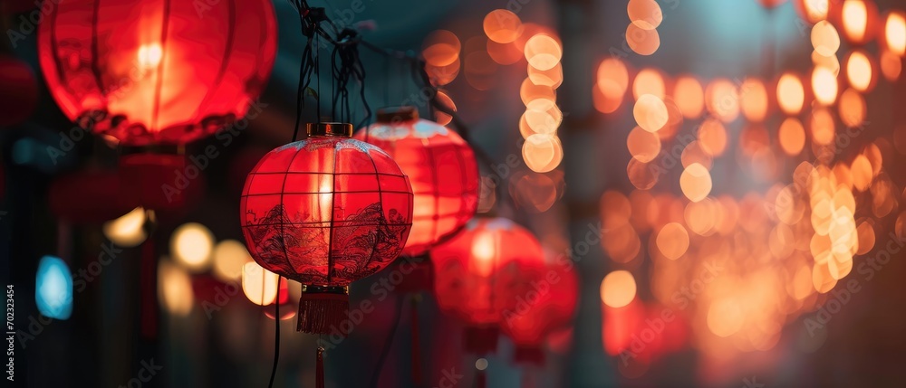 Poster a bunch of red lanterns that are hanging from the ceiling of a room with lights on the ceiling in th