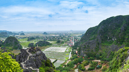 Ninh Binh landscpae in Vietnam. Mua Cave area scenery with karst mountains