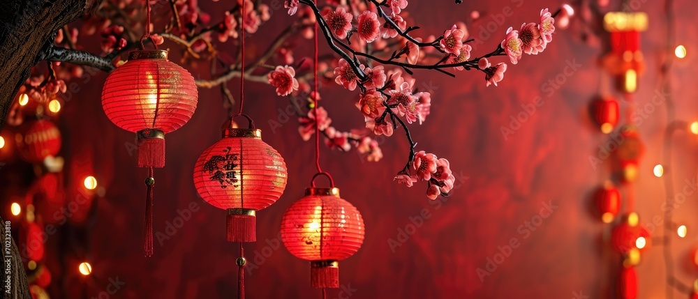 Aufkleber a group of red lanterns hanging from a branch of a tree with pink flowers in front of a red wall.
