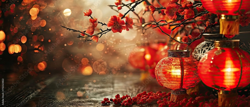 Poster a couple of red lanterns sitting on top of a table next to a tree with red flowers in front of it.