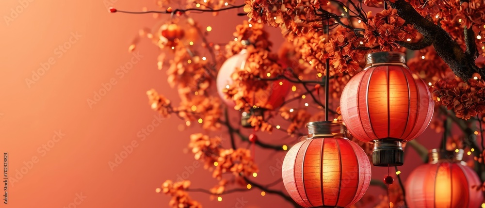 Aufkleber a group of red lanterns hanging from a tree in front of a peach colored wall with red leaves on it.