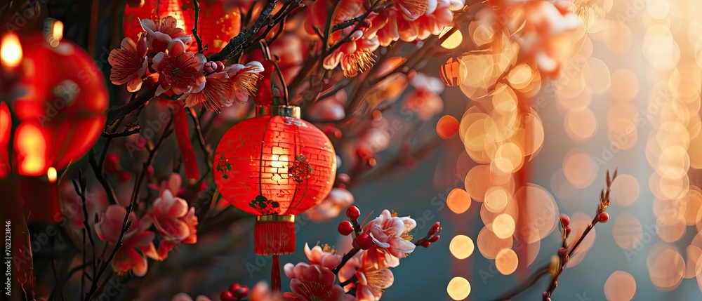 Poster a tree with red lanterns hanging from it's branches and flowers in front of a boke of lights.