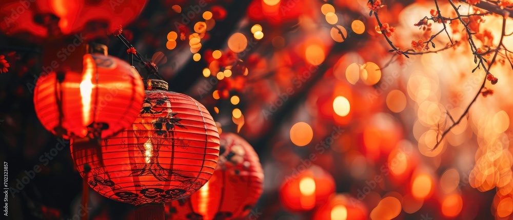 Aufkleber a group of red lanterns hanging from a tree in front of a blurry background of boke of lights.