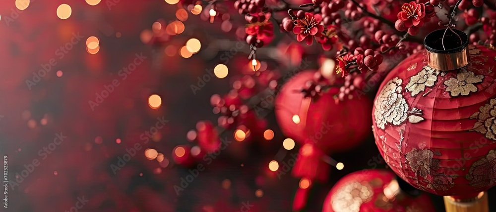Poster a group of red paper lanterns hanging from a tree with red berries on it and a string of lights in t