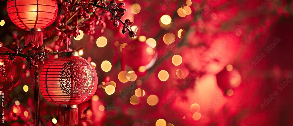 Poster a group of red lanterns hanging from a ceiling next to a red wall with lights all over it and a tree