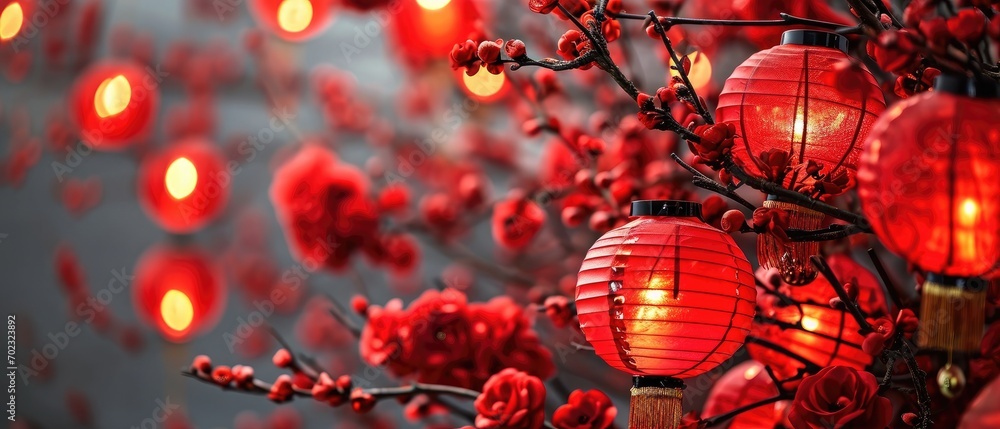 Poster a bunch of red lanterns hanging from a tree with red flowers in front of a wall with red lights on i