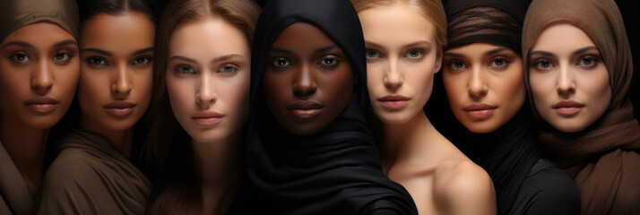 Obraz premium Portrait of multiethical young women standing in a row. Horizontal banner