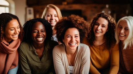 group portrait of six smiling female friends of different races - obrazy, fototapety, plakaty