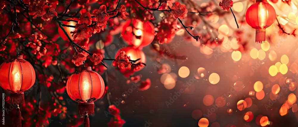 Poster a tree filled with lots of red lanterns hanging from it's branches and hanging from it's branches.