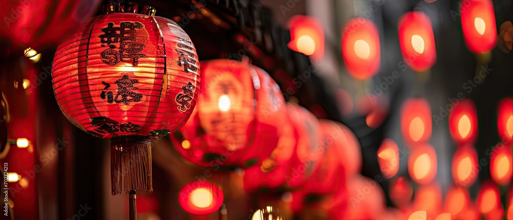 Poster a group of red lanterns hanging from the side of a building with chinese writing on them and lights 