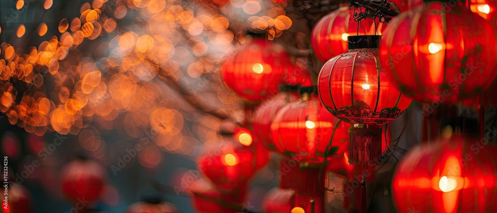 Poster a bunch of red lanterns hanging from a tree in front of a blurry background of red and yellow lights