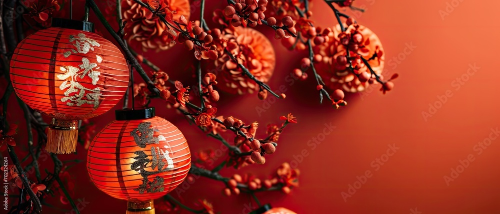 Aufkleber a bunch of red lanterns hanging from a tree with red berries hanging off of it's branches in front o