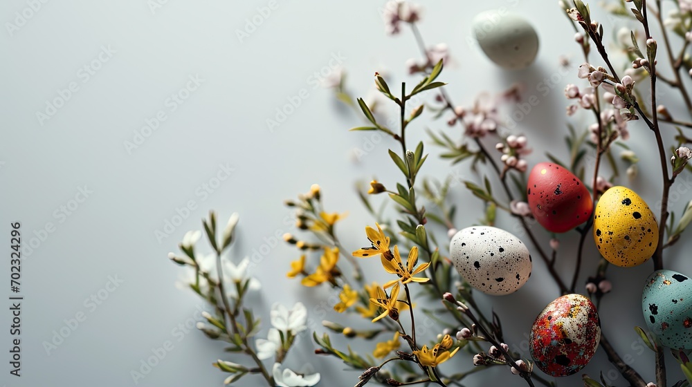Poster a bunch of eggs sitting on top of a branch with flowers in front of a gray background with white and