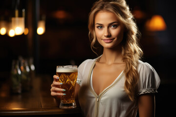 Young waitress wearing a traditional German clothes carries a glass of beer