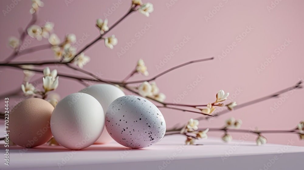 Poster three eggs sitting on top of a table next to a branch of a tree with white flowers in front of a pin