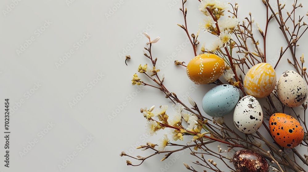 Aufkleber a bunch of eggs sitting on top of a twig next to a twig with some flowers in it.