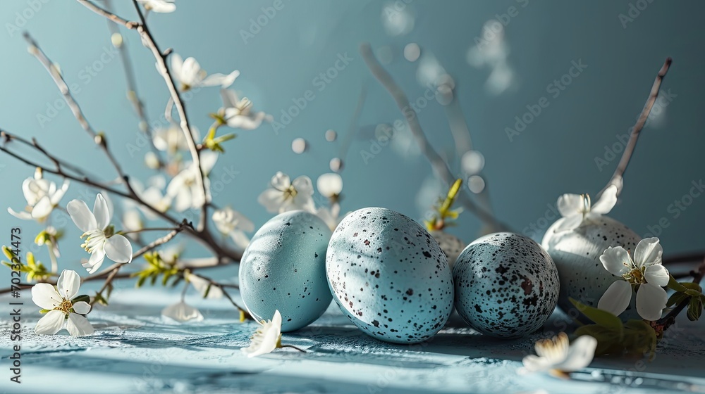 Aufkleber a group of three eggs sitting on top of a table next to a branch of a tree with white flowers.