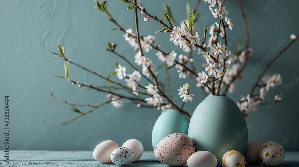 Poster a vase filled with eggs sitting on top of a table next to a branch of a blossoming twig.