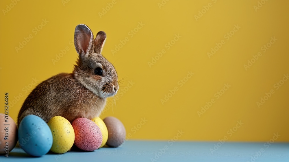 Poster a rabbit sitting in the middle of a row of colored eggs on a blue surface with a yellow wall in the 