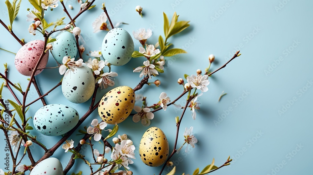 Poster a bunch of eggs sitting on top of a branch of a tree with flowers in the middle of the branch.