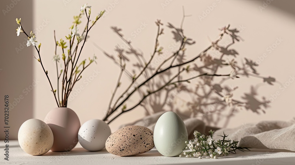 Poster a group of eggs sitting on top of a table next to a vase with a twig and flowers in it.