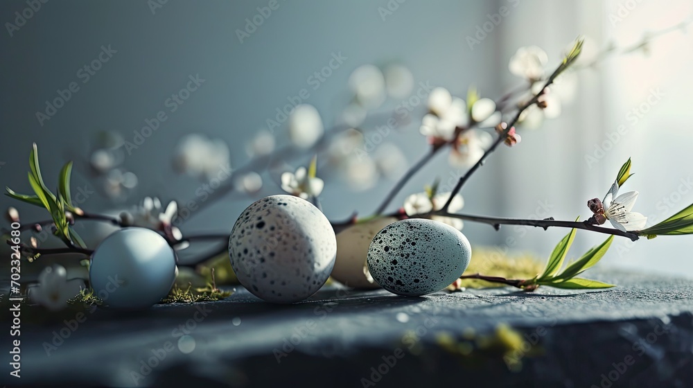 Poster a group of three eggs sitting on top of a table next to a branch of a blossoming twig.