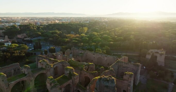 Roman Grandeur from Above: Aerial View of Caracalla's Baths in Italy's Historic Capita. High quality 4k footage