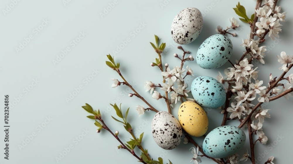 Poster a bunch of eggs sitting on top of a branch of a tree with flowers in front of a light blue backgroun