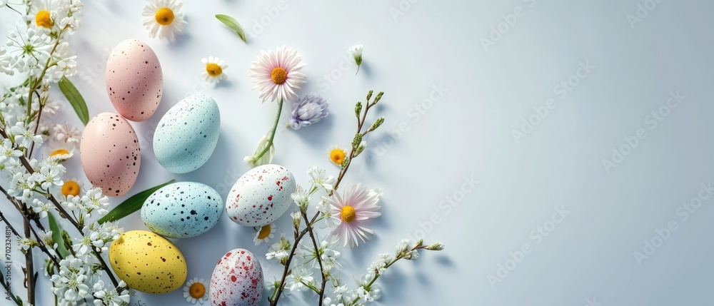 Poster  a bunch of eggs sitting on top of a table next to a bunch of daisies and white daisies.