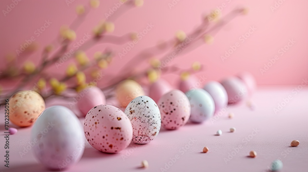 Poster a row of painted eggs with sprinkles on a pink surface next to a branch of twig.