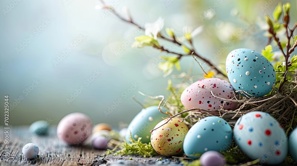 Poster a close up of a bunch of eggs in a nest with a tree branch in the foreground and small speckled eggs