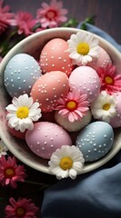 Fototapeta na wymiar colorful easter eggs with small flowers and grasses, in the style of elaborate fruit arrangements, dreamy color palette